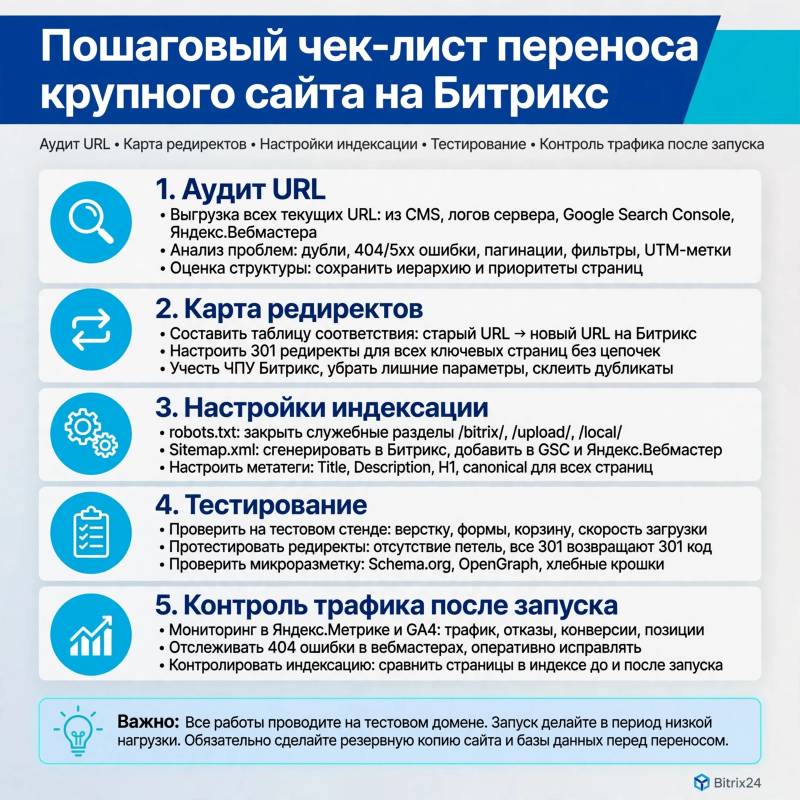 Перенос крупного сайта на Битрикс без потери SEO-трафика: пошаговый чек-лист миграции