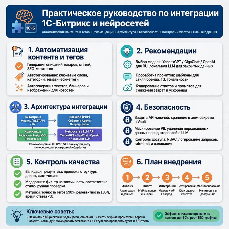 Как подружить 1С-Битрикс и нейросети: автоматизация контента, тегов и рекомендаций для крупного сайта
